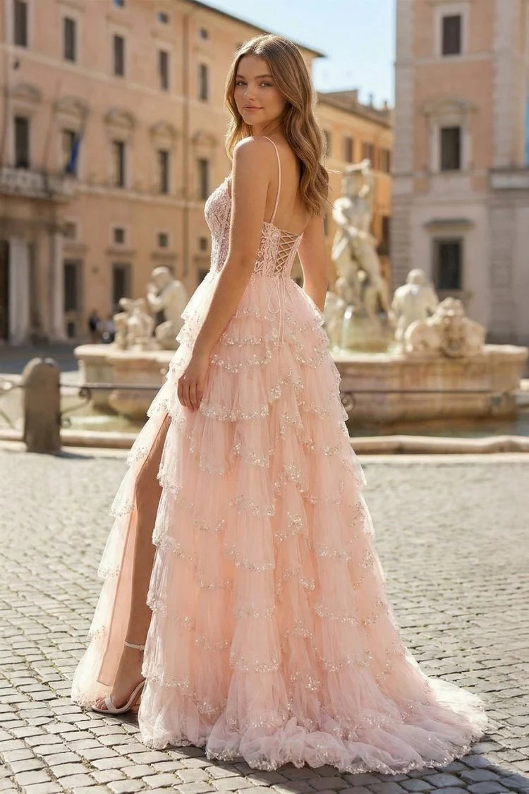 Blush Pink Lace Tiered Tulle Evening Dresses