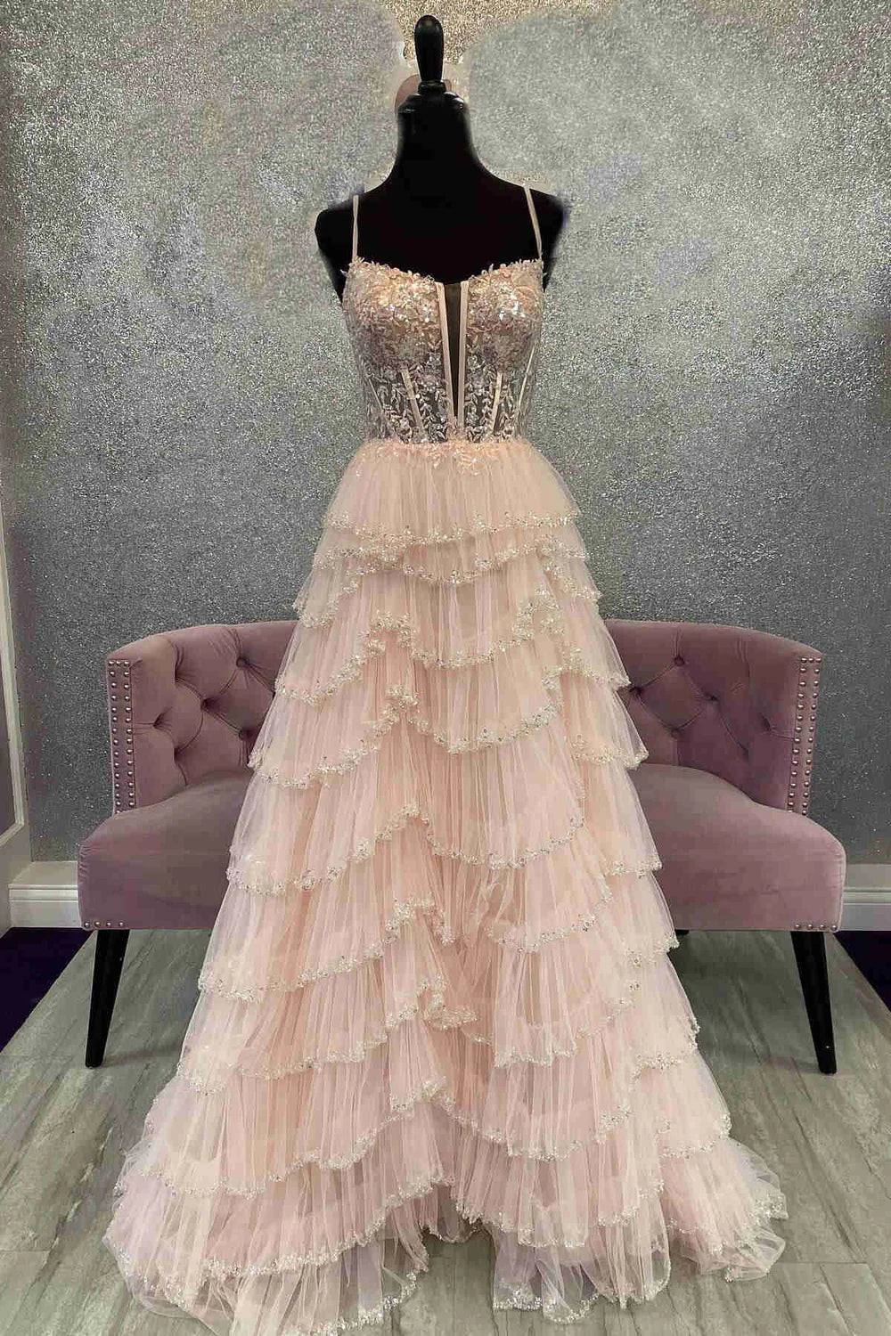 Blush Pink Lace Tiered Tulle Evening Dresses