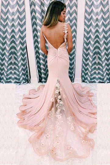 Blush Pink Mermaid Maxi Dress with Floral Applique, Single Shoulder Strap & Deep V Back