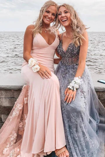 Blush Pink Mermaid Maxi Dress with Floral Applique, Single Shoulder Strap & Deep V Back