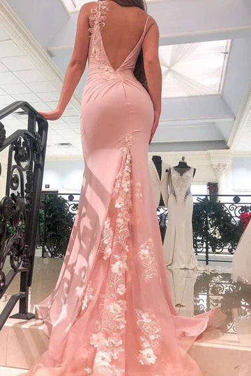 Blush Pink Mermaid Maxi Dress with Floral Applique, Single Shoulder Strap & Deep V Back