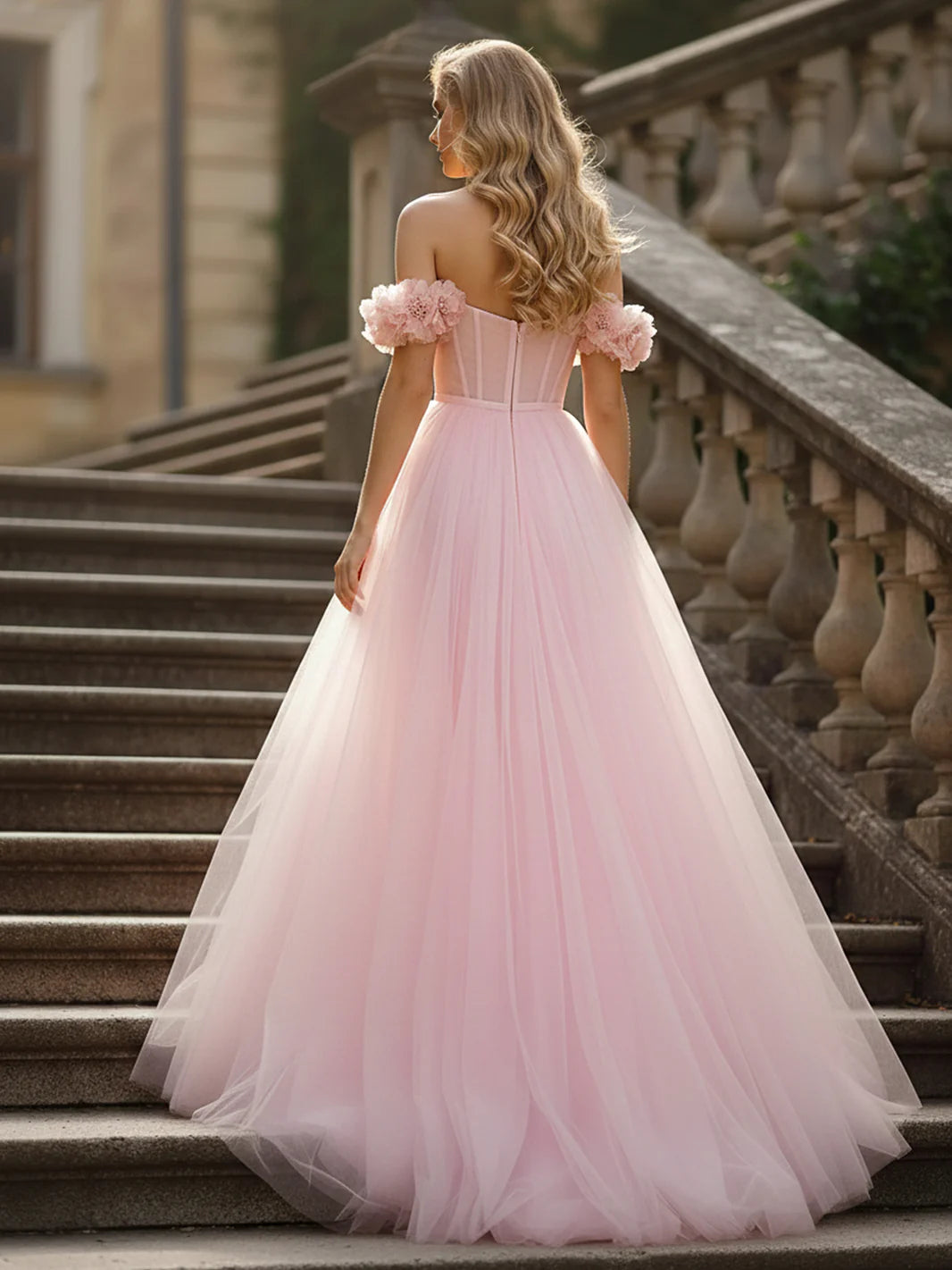 Blush Pink Off-the-Shoulder 3D Flower Tulle Slit A-Line Maxi Evening Dresses