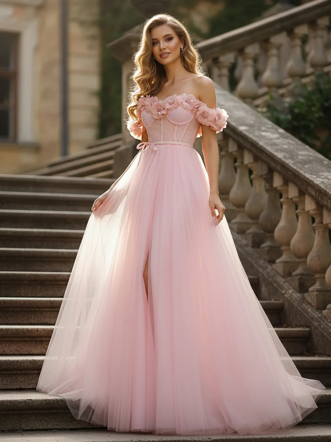 Blush Pink Off-the-Shoulder 3D Flower Tulle Slit A-Line Maxi Evening Dresses