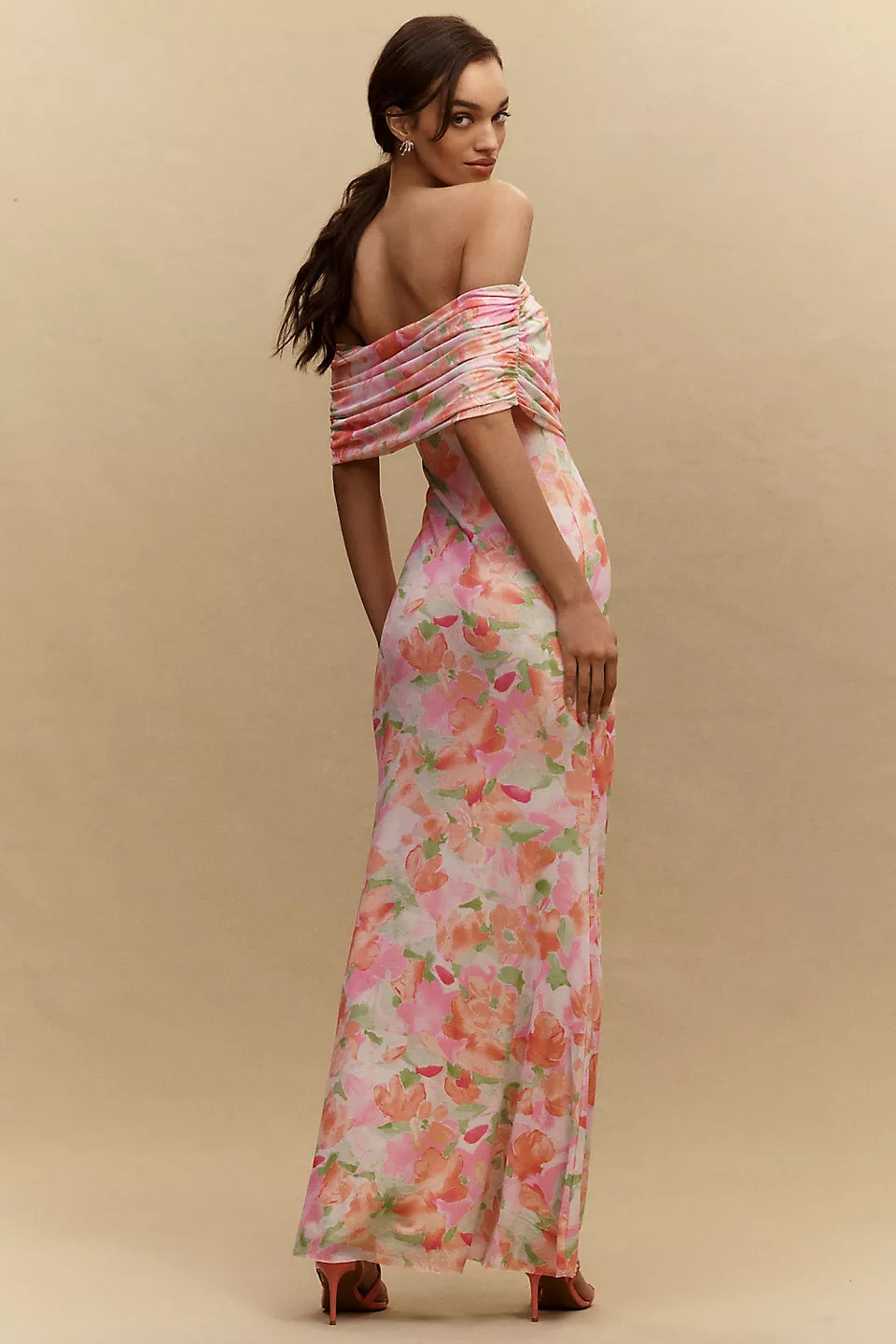 Blush Pink Off-the-Shoulder Floral Print Ruched Sleeve Maxi Evening Dresses
