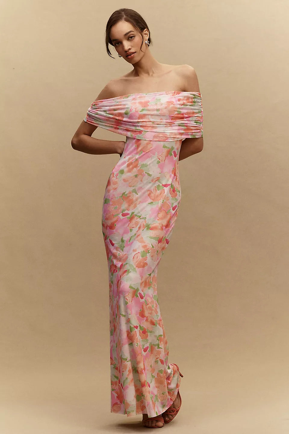 Blush Pink Off-the-Shoulder Floral Print Ruched Sleeve Maxi Evening Dresses
