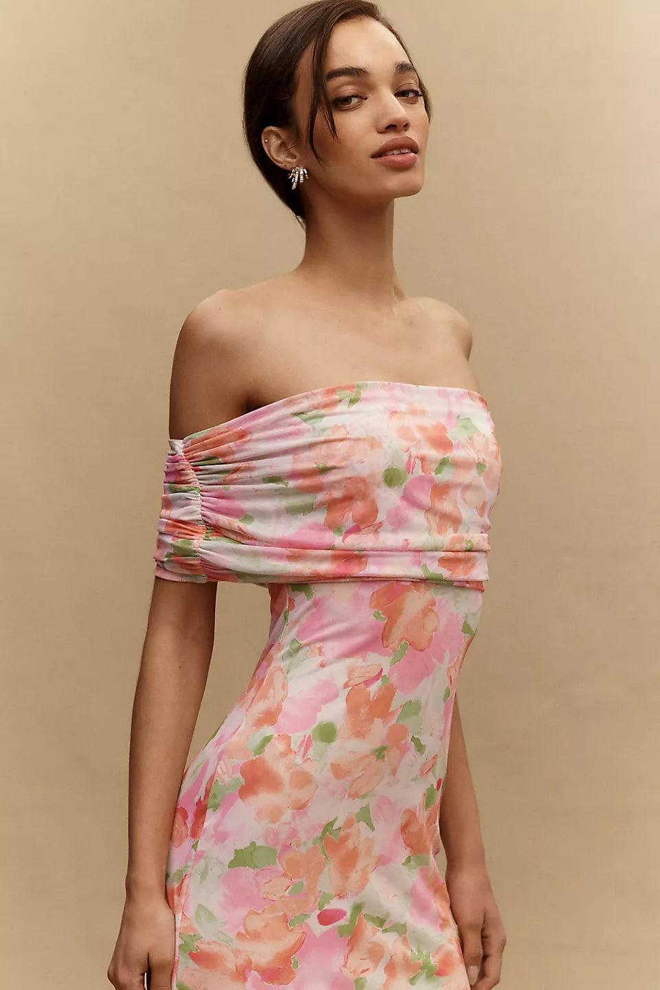 Blush Pink Off-the-Shoulder Floral Print Ruched Sleeve Maxi Evening Dresses