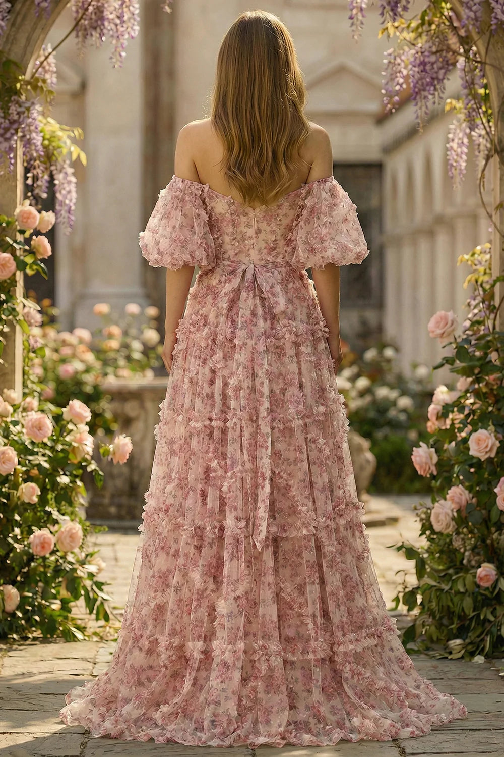 Blush Pink Off-the-Shoulder Floral Ruffle Tiered Evening Dresses