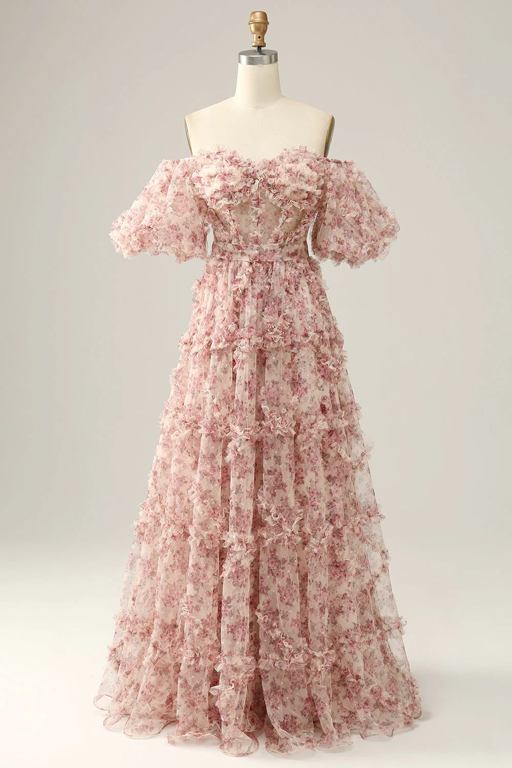 Blush Pink Off-the-Shoulder Floral Ruffle Tiered Evening Dresses