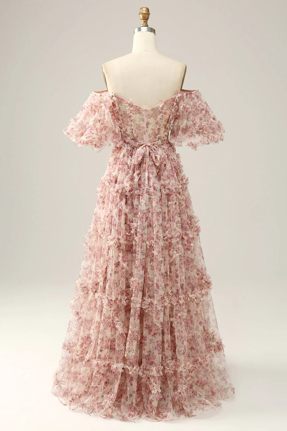 Blush Pink Off-the-Shoulder Floral Ruffle Tiered Evening Dresses