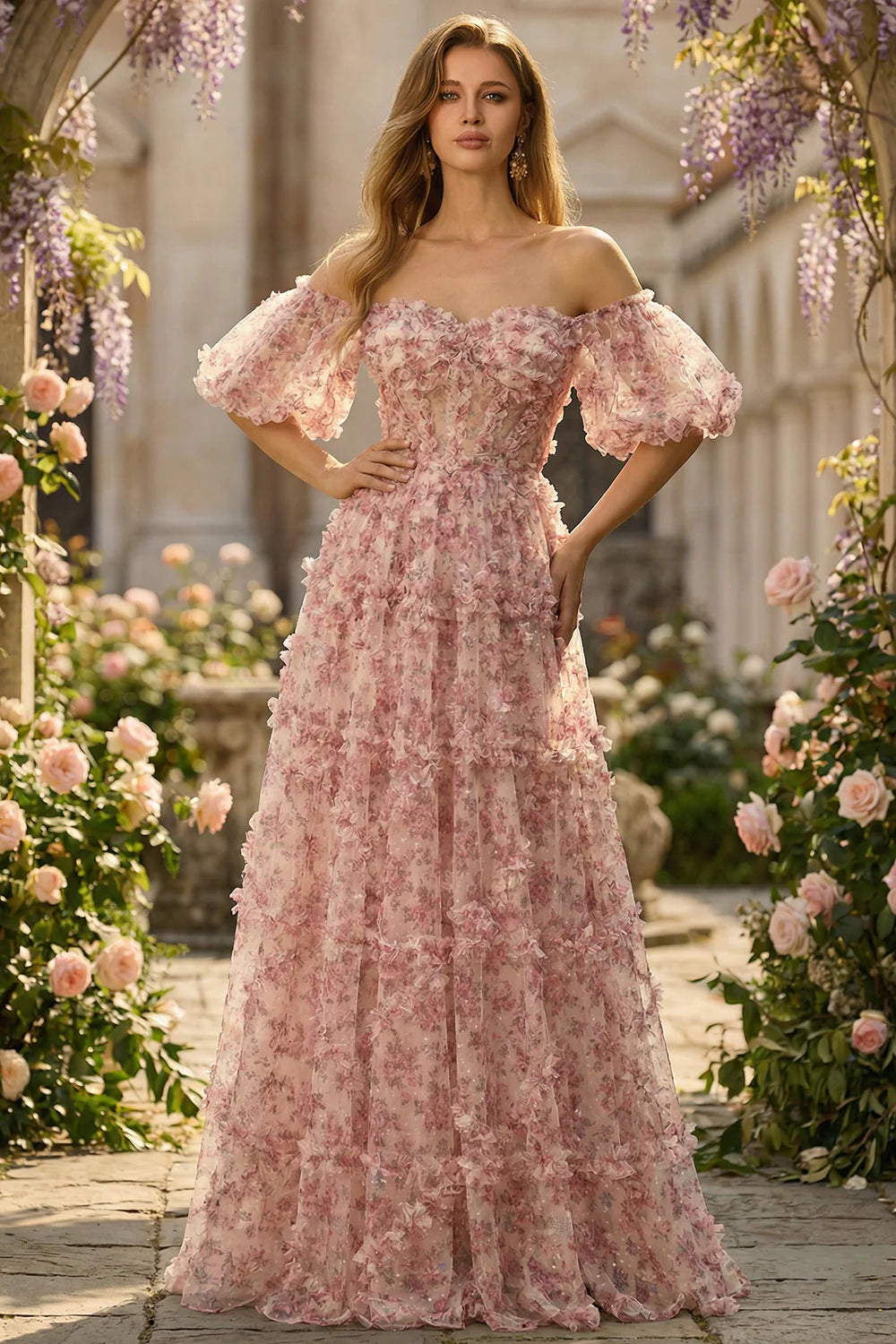 Blush Pink Off-the-Shoulder Floral Ruffle Tiered Evening Dresses