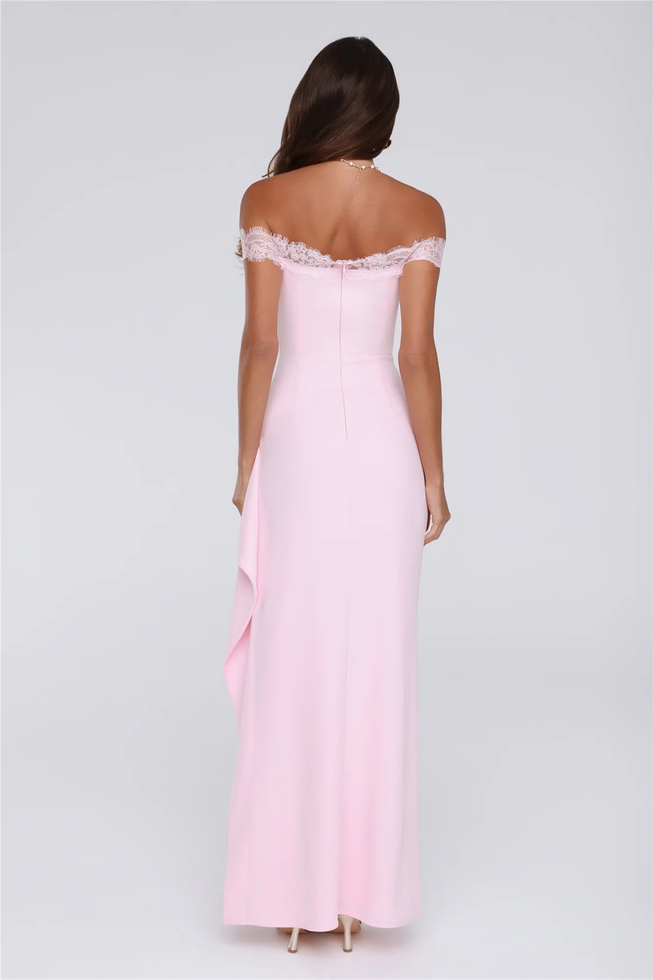 Blush Pink Off-the-Shoulder Lace Trim Slit Evening Dresses