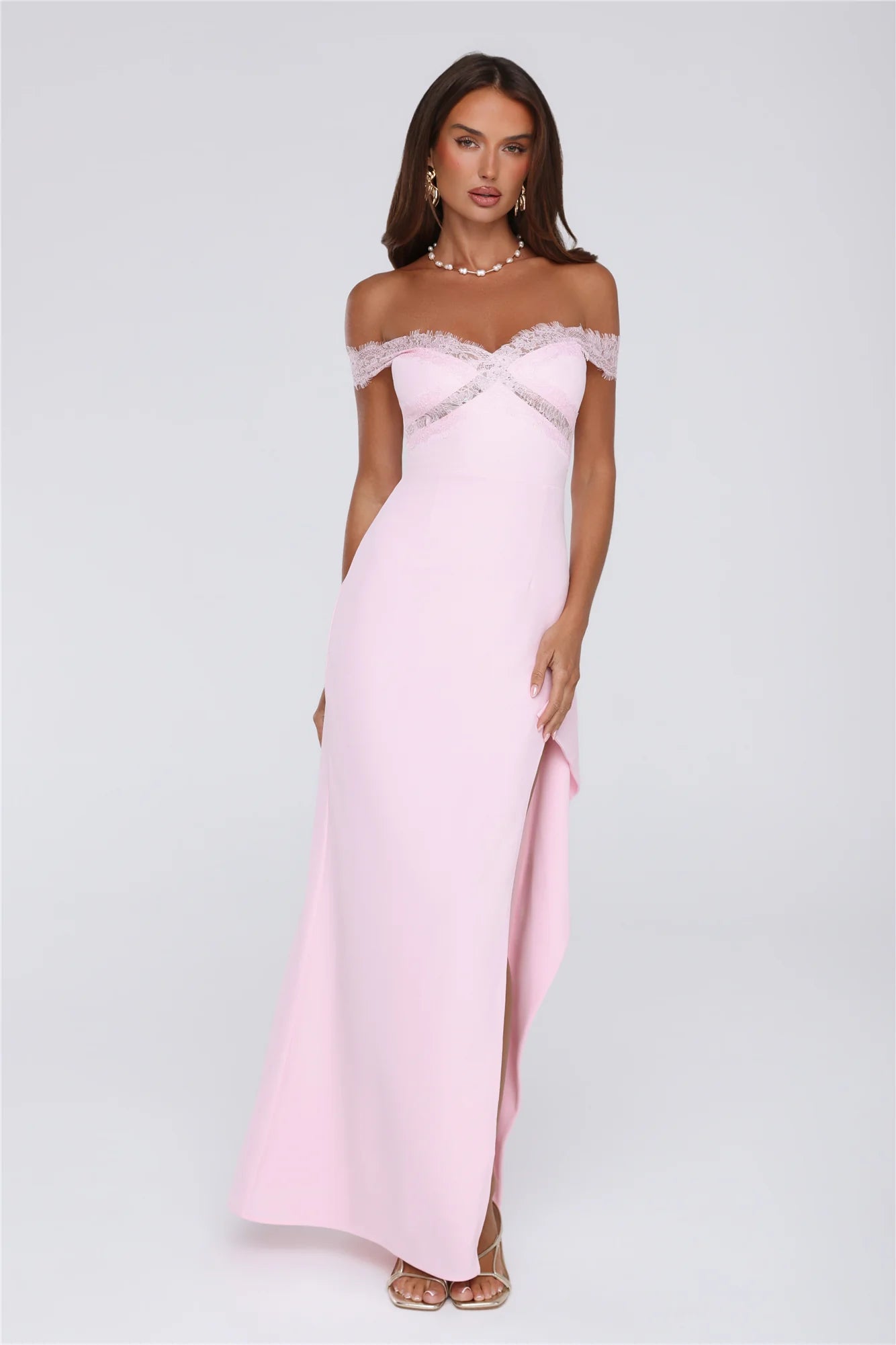 Blush Pink Off-the-Shoulder Lace Trim Slit Evening Dresses