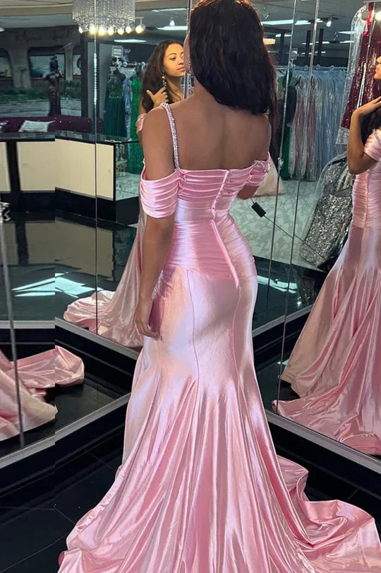 Blush Pink Off-the-Shoulder Satin Mermaid Prom Dress with Beaded Straps and Train