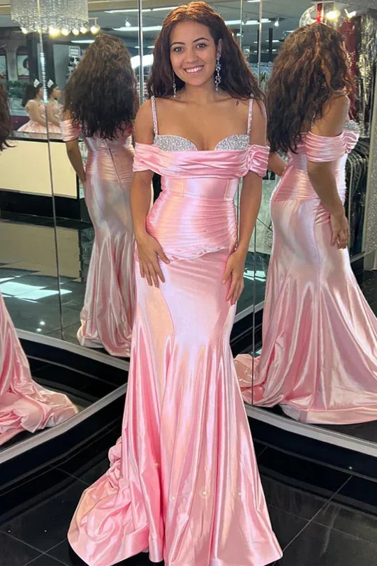 Blush Pink Off-the-Shoulder Satin Mermaid Prom Dress with Beaded Straps and Train