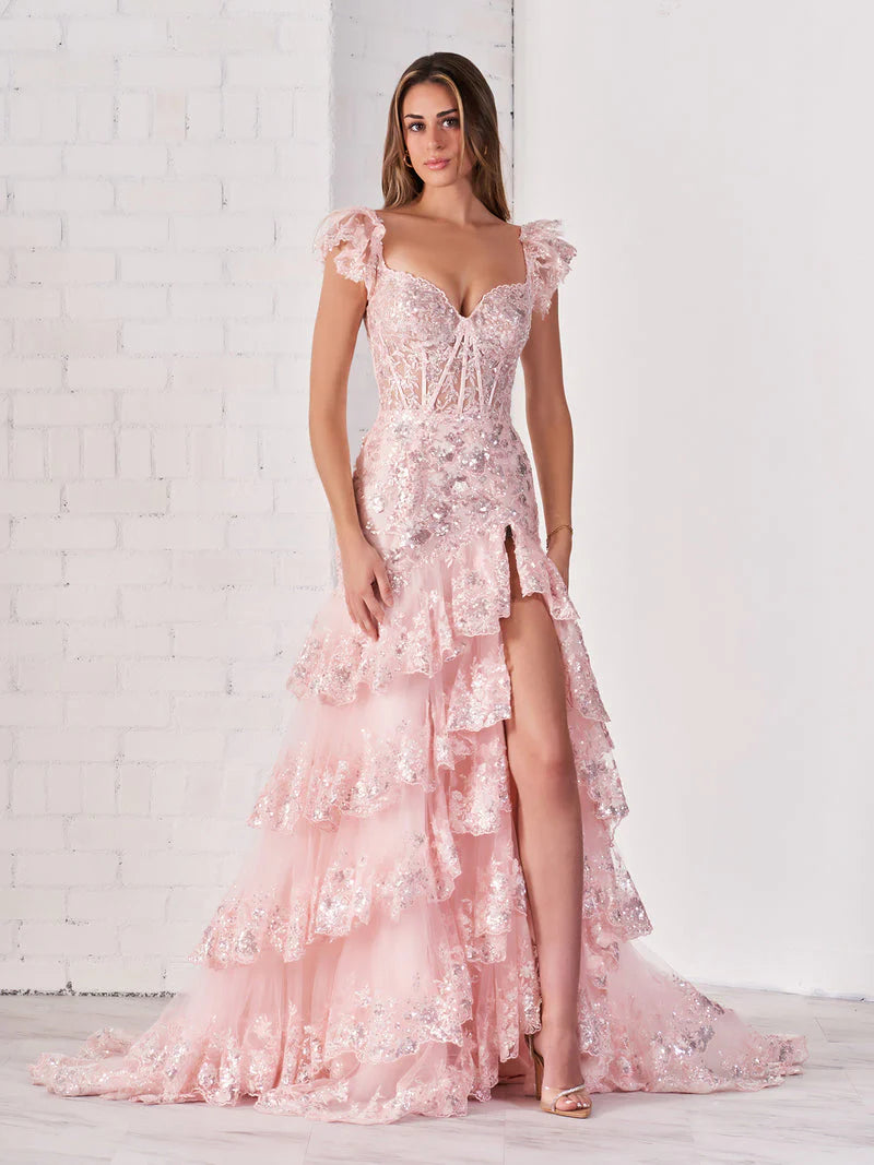 Blush Pink Off-the-Shoulder Sequin Floral Appliqué Tiered Tulle High Slit Maxi Evening Dresses