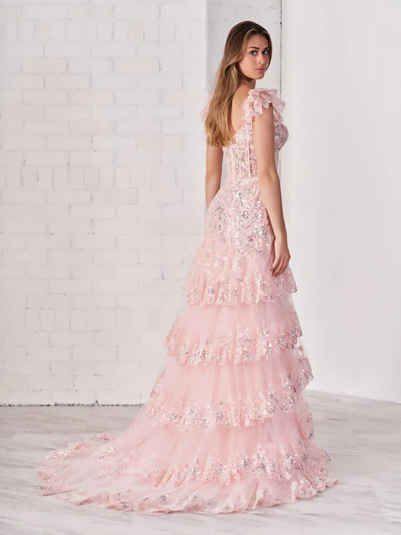 Blush Pink Off-the-Shoulder Sequin Floral Appliqué Tiered Tulle High Slit Maxi Evening Dresses