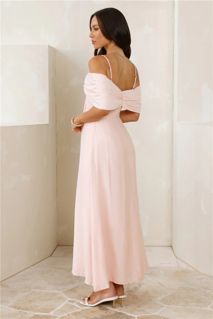 Blush Pink Off-the-Shoulder Tie Front Maxi Evening Dresses