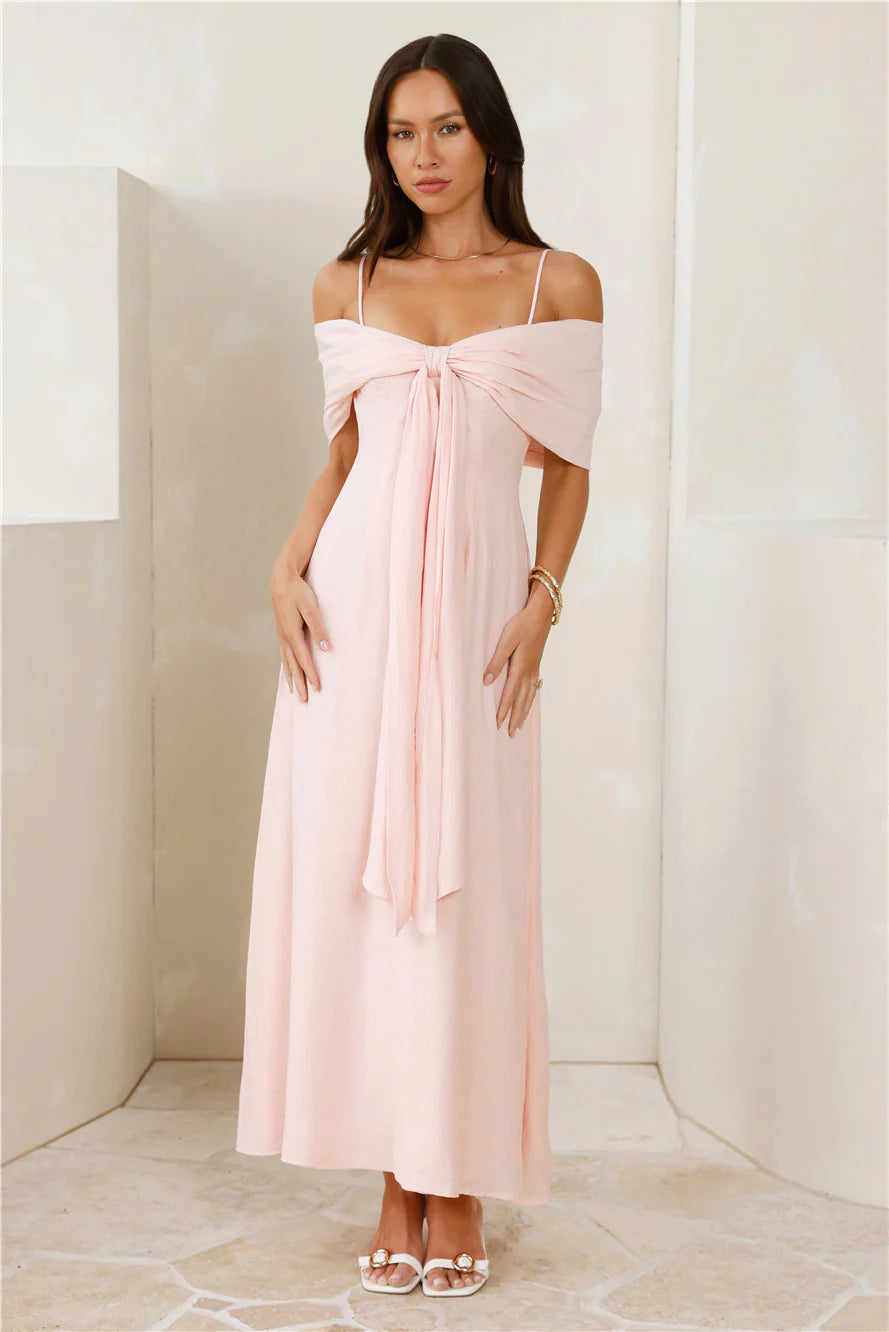 Blush Pink Off-the-Shoulder Tie Front Maxi Evening Dresses