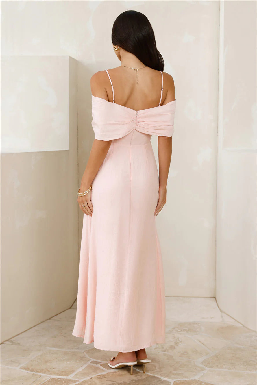 Blush Pink Off-the-Shoulder Tie Front Maxi Evening Dresses