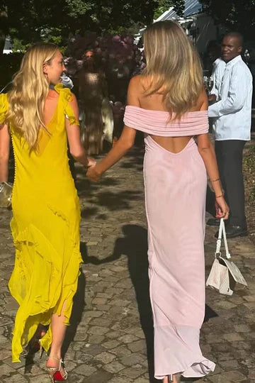 Blush Pink Off Shoulder Ruffle High Slit Backless Maxi Prom Dress