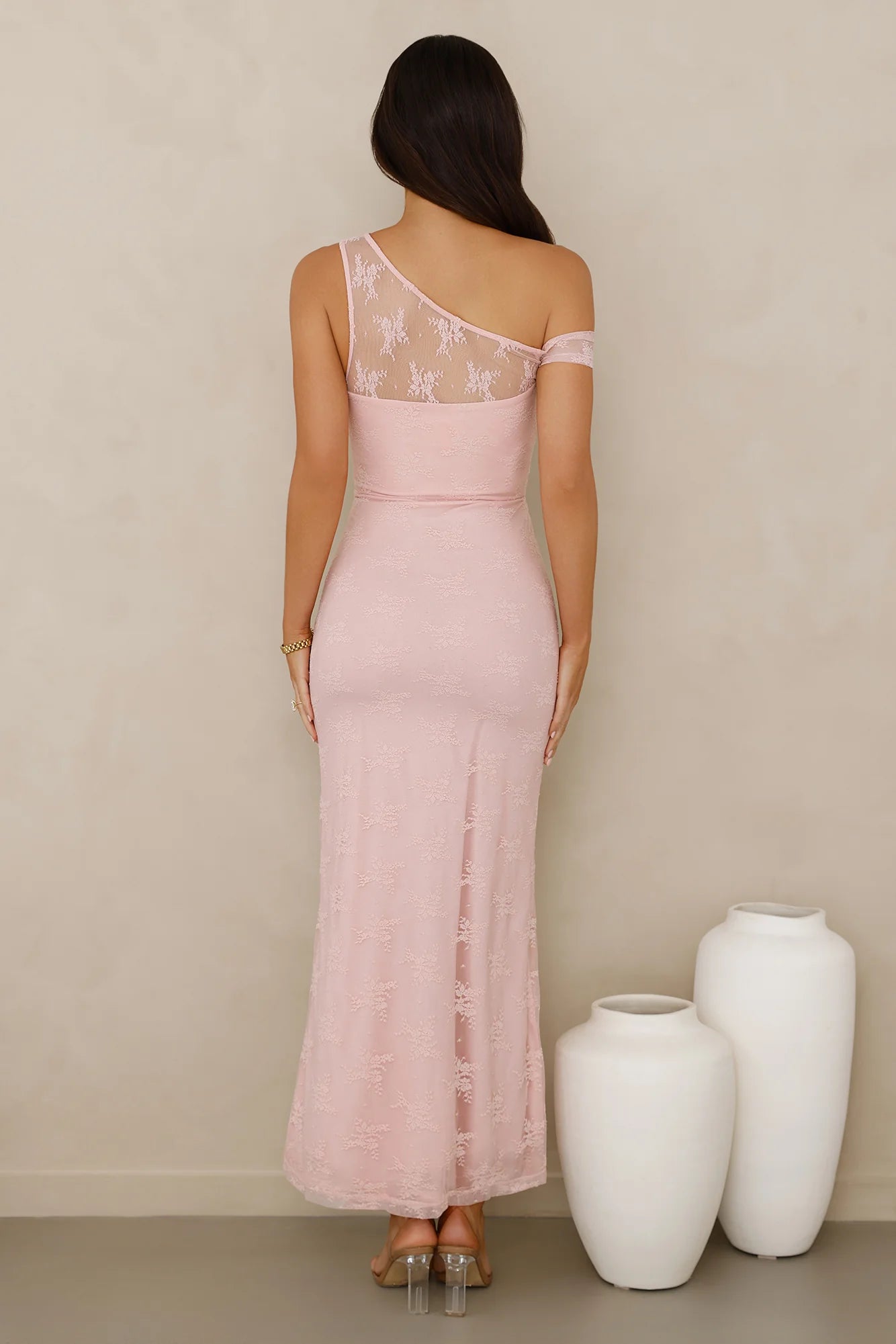 Blush Pink One-Shoulder Lace Mesh Ruched Maxi Dresses