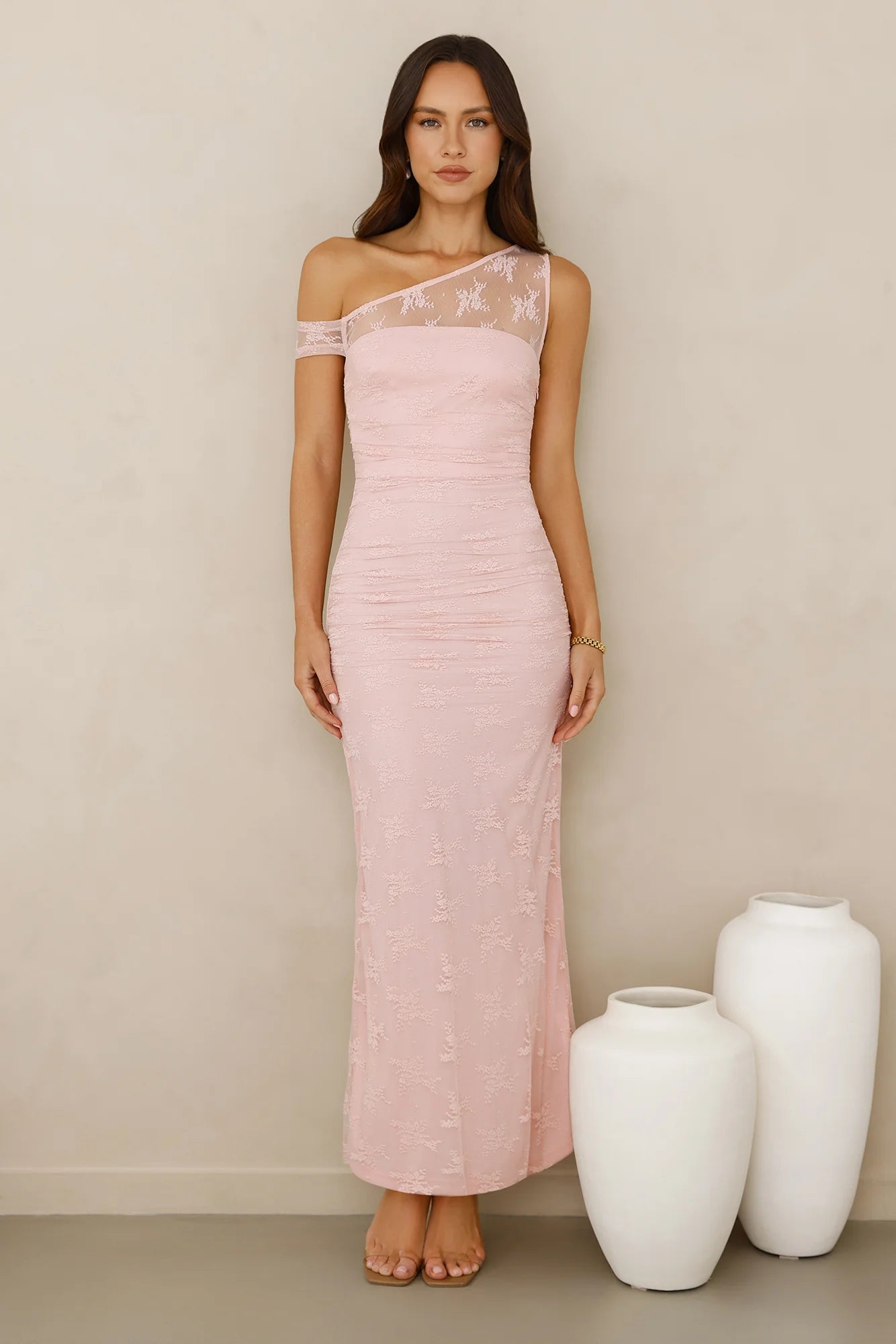 Blush Pink One-Shoulder Lace Mesh Ruched Maxi Dresses