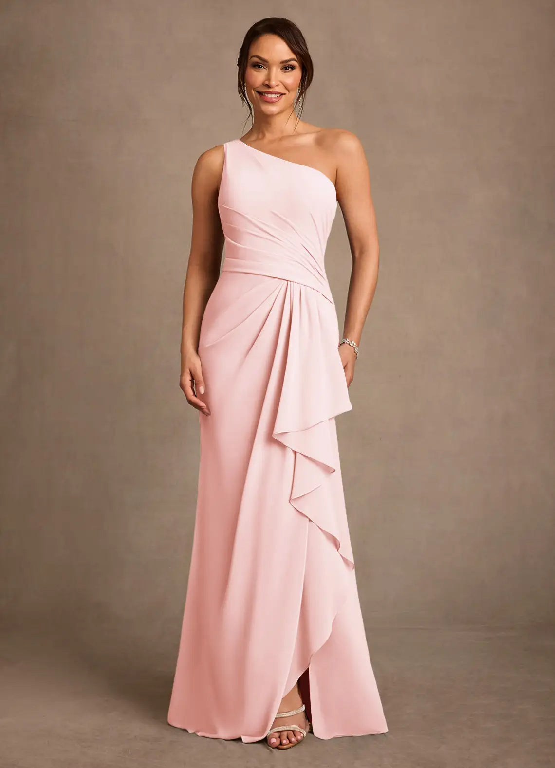 Blush Pink One-Shoulder Ruched Ruffle Side Chiffon Bridesmaid Maxi Dresses