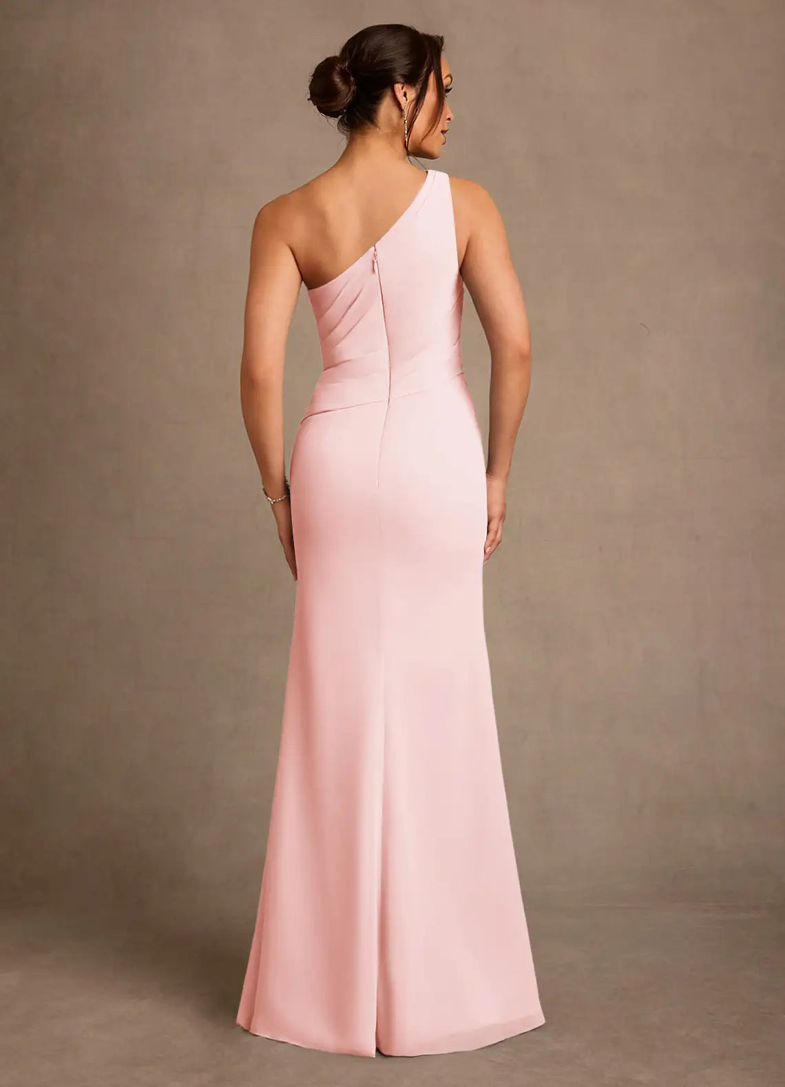 Blush Pink One-Shoulder Ruched Ruffle Side Chiffon Bridesmaid Maxi Dresses