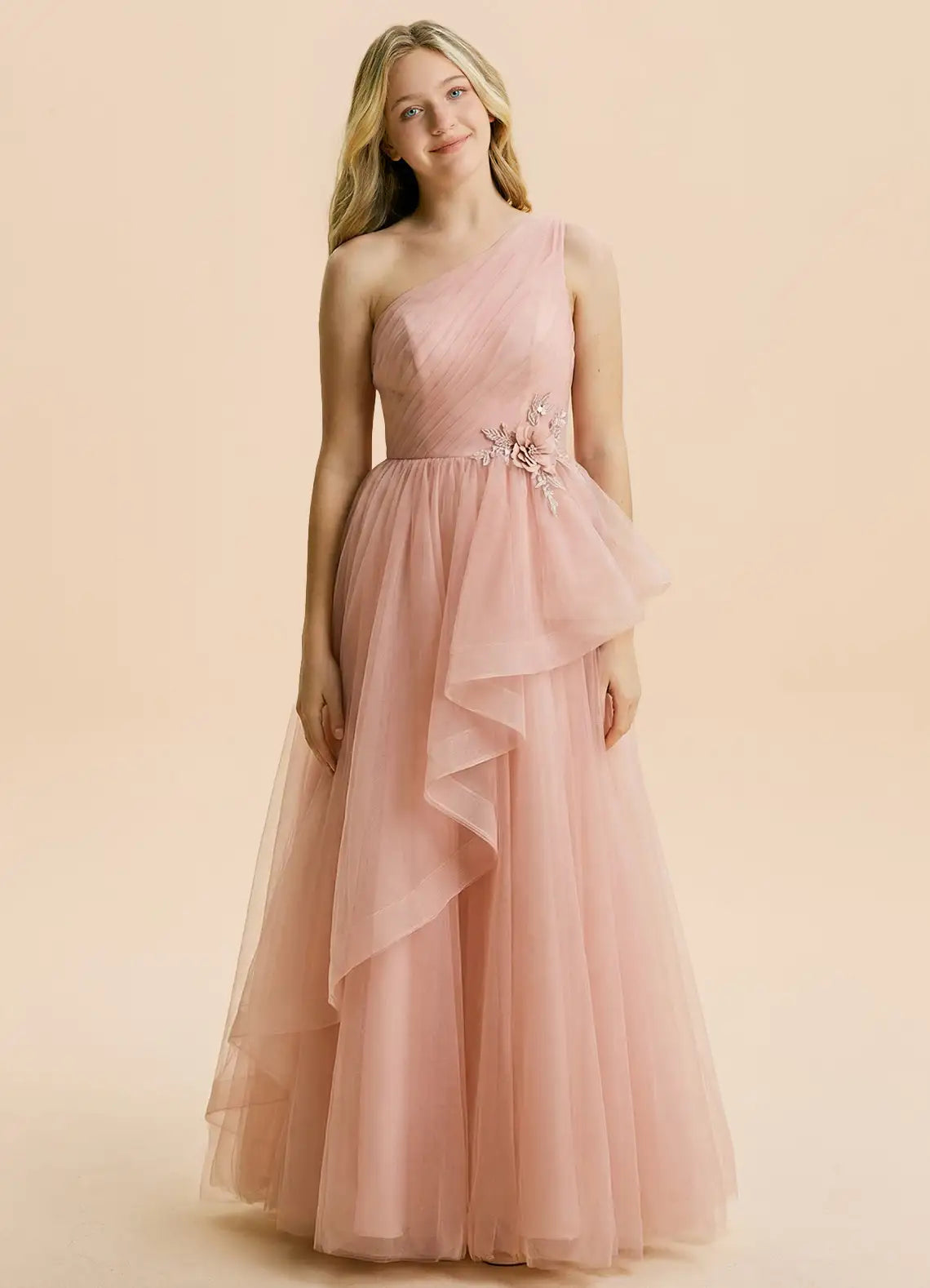 Blush Pink One-Shoulder Tulle Evening Dresses