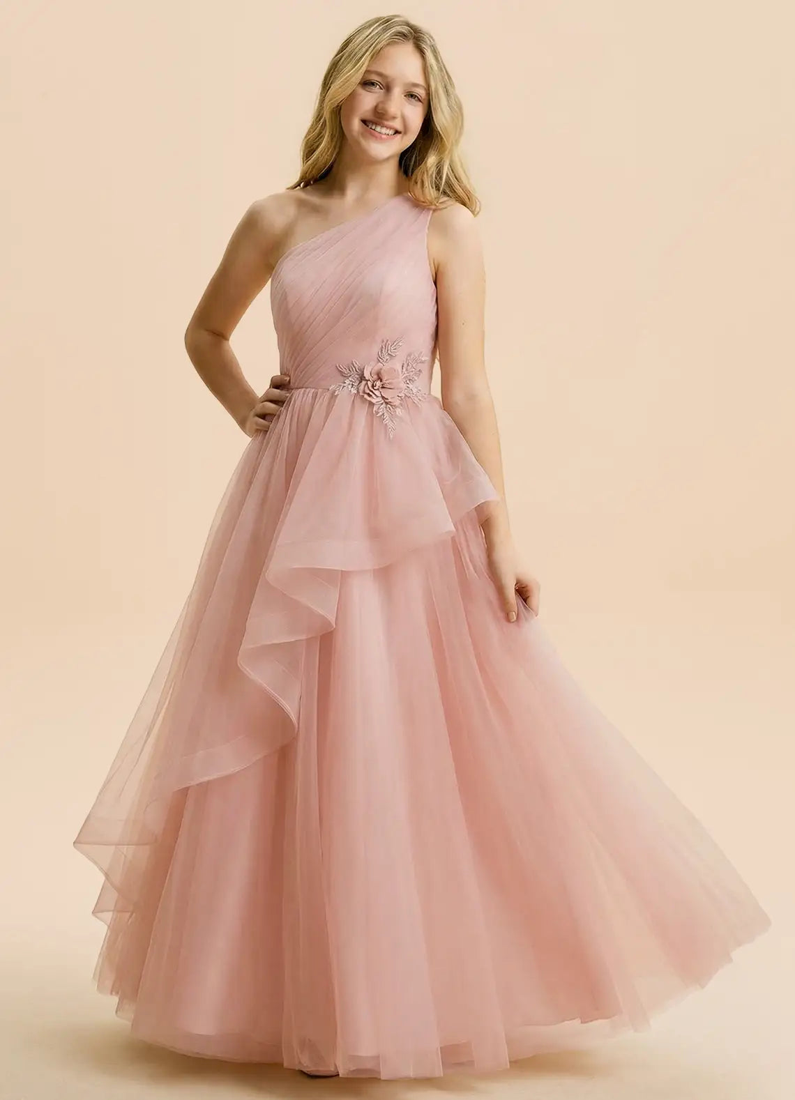 Blush Pink One-Shoulder Tulle Evening Dresses
