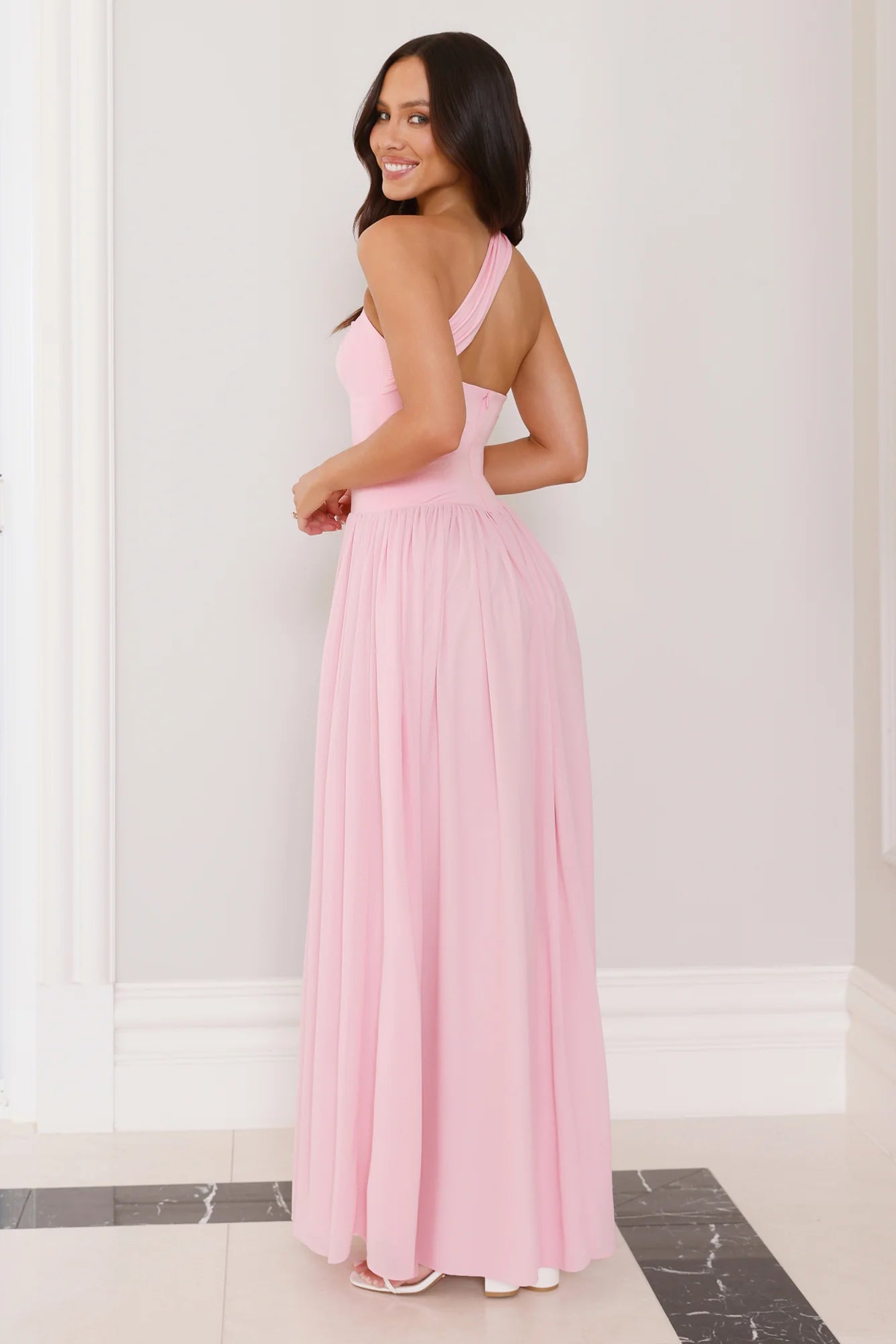 Blush Pink One Shoulder Flowy Maxi Evening Dresses