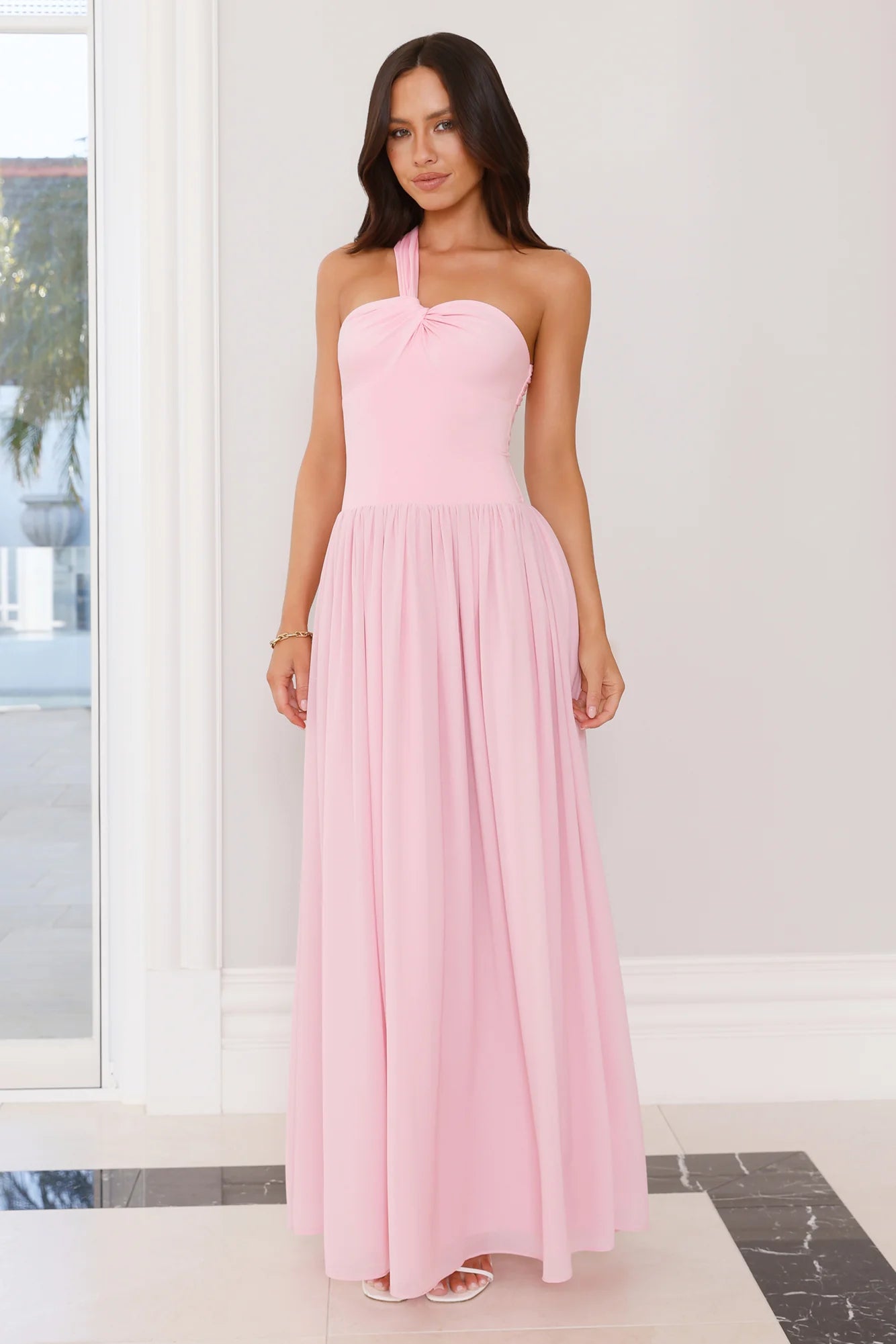 Blush Pink One Shoulder Flowy Maxi Evening Dresses