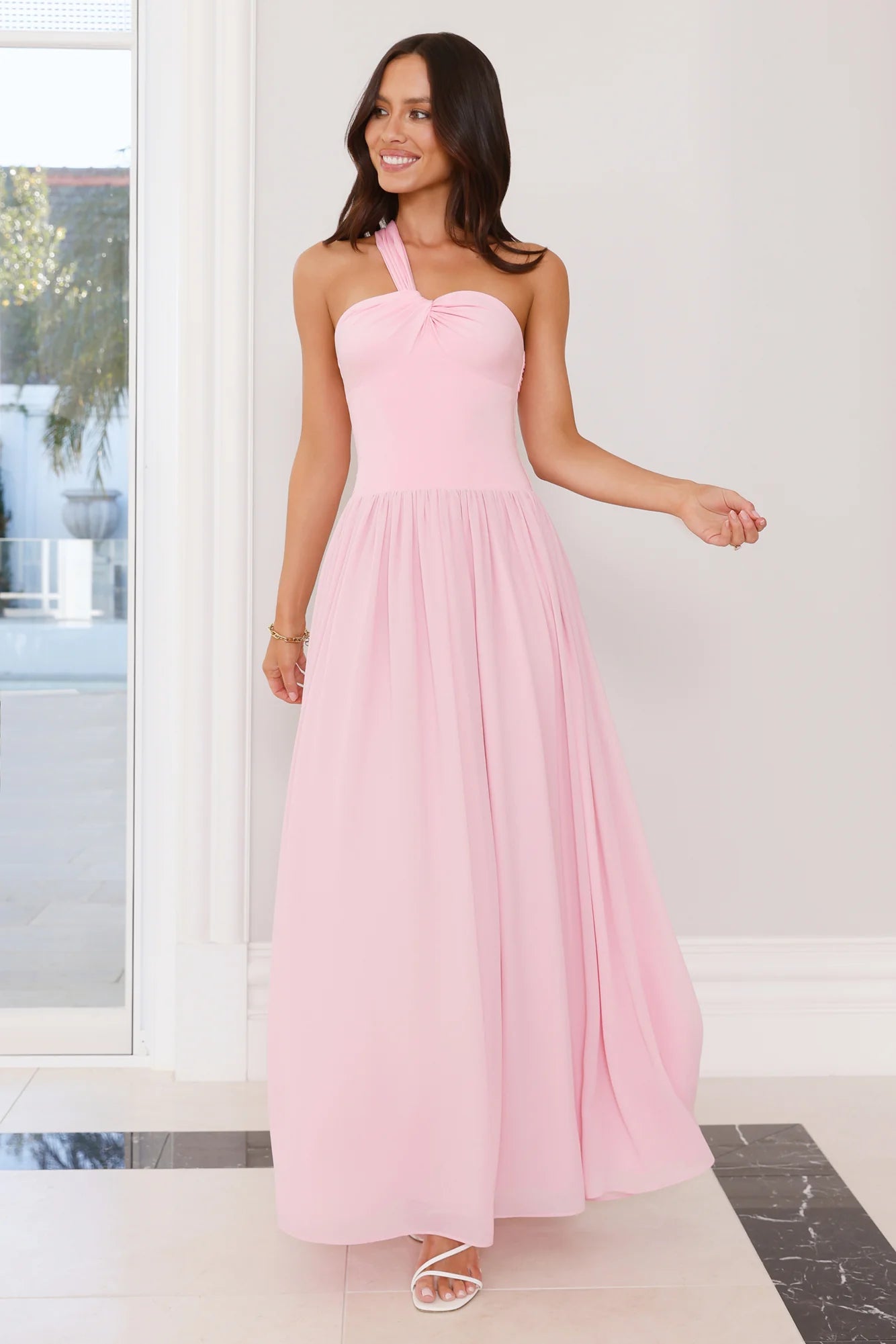 Blush Pink One Shoulder Flowy Maxi Evening Dresses