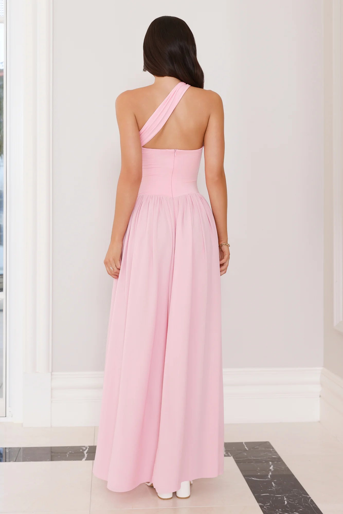 Blush Pink One Shoulder Flowy Maxi Evening Dresses