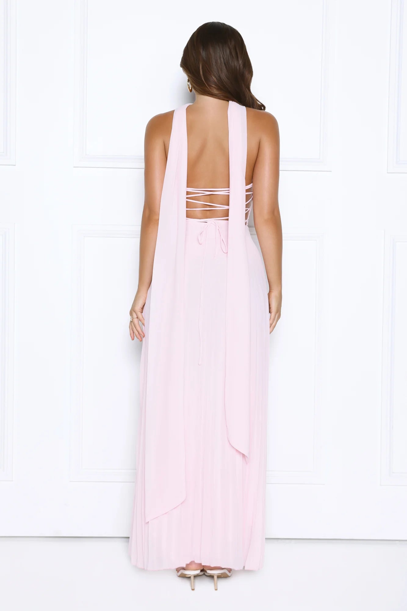 Blush Pink Pleated Halter Neck Maxi Evening Dresses with Lace-Up Back & Draped Scarf