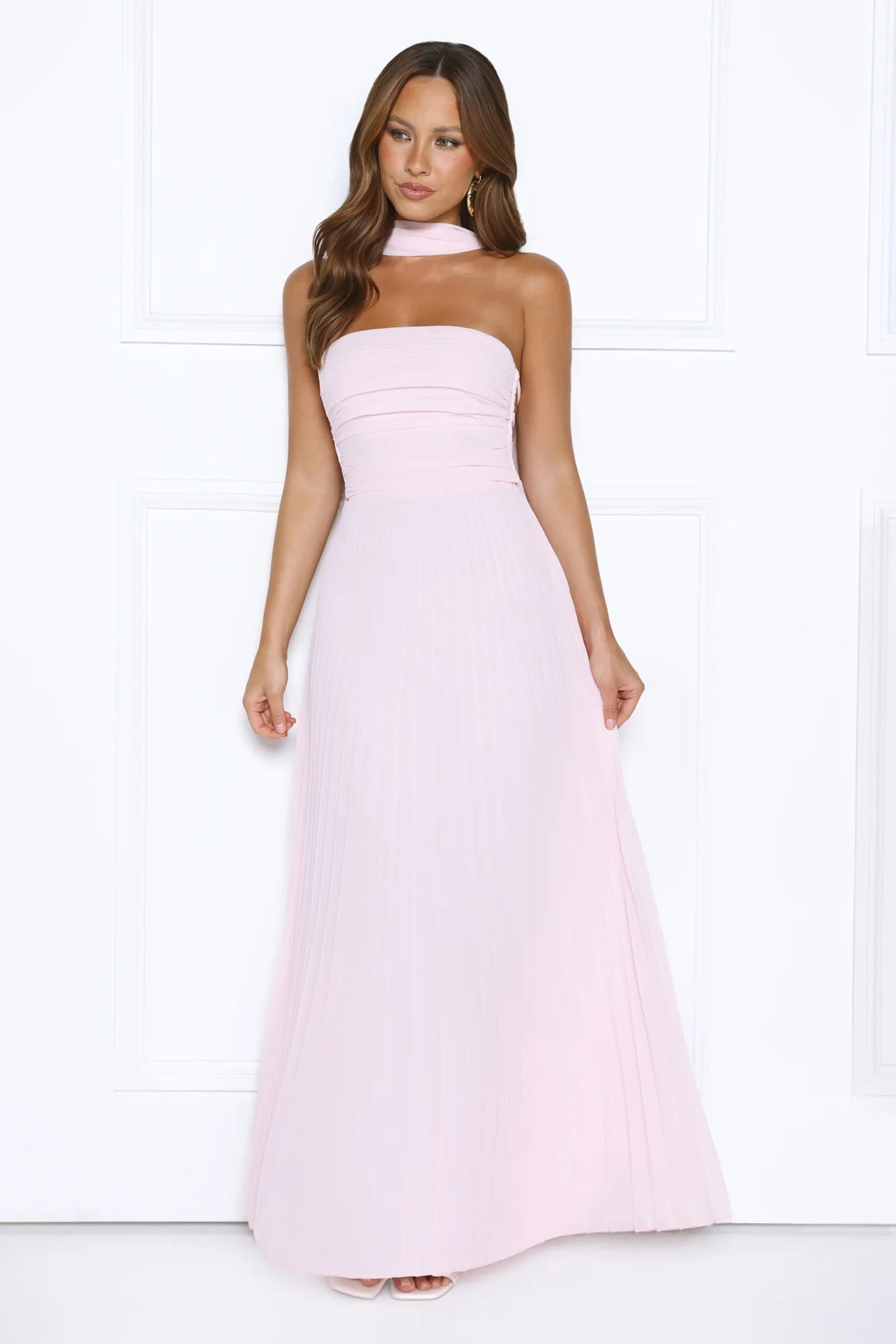 Blush Pink Pleated Halter Neck Maxi Evening Dresses with Lace-Up Back & Draped Scarf