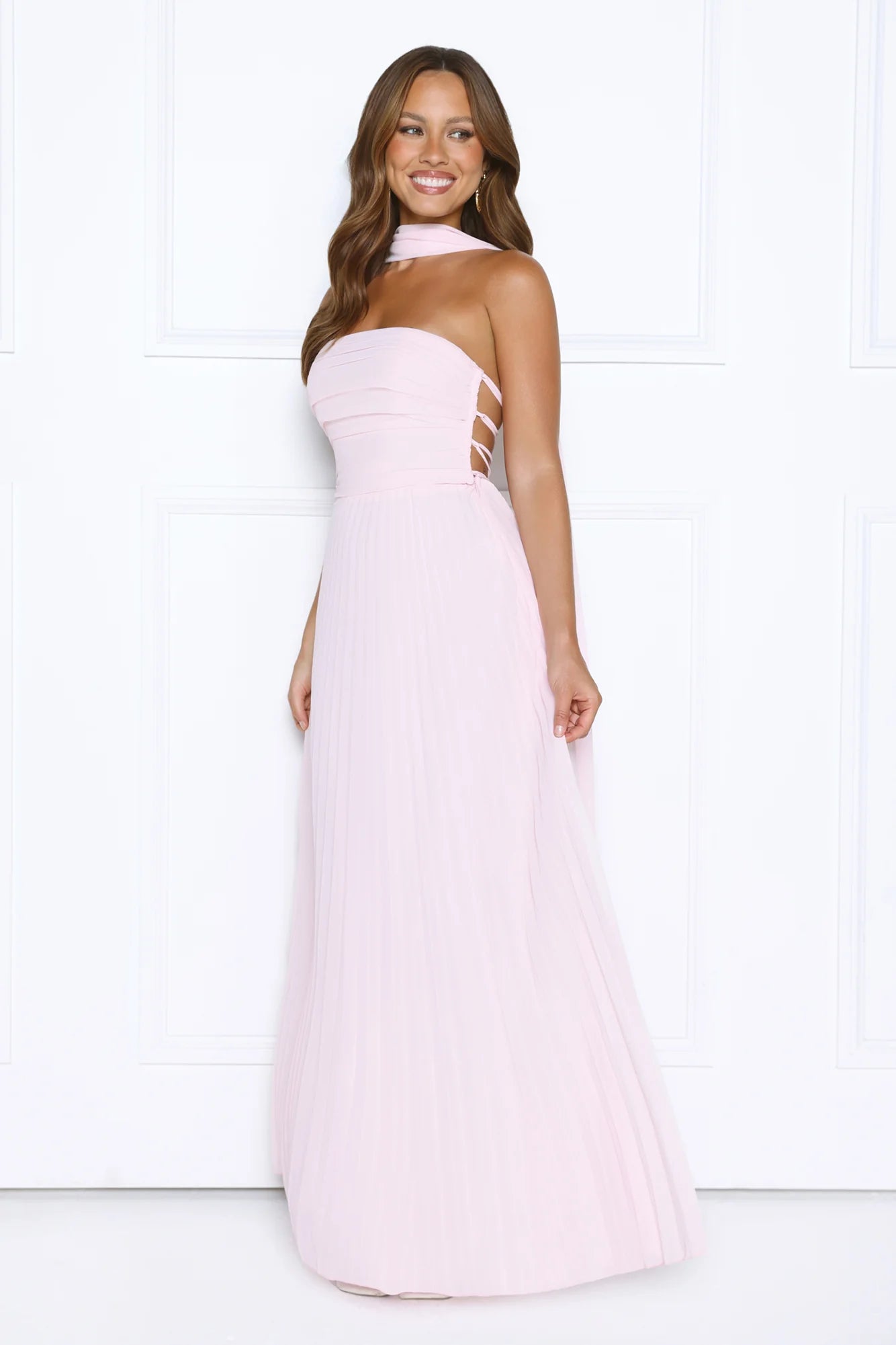 Blush Pink Pleated Halter Neck Maxi Evening Dresses with Lace-Up Back & Draped Scarf