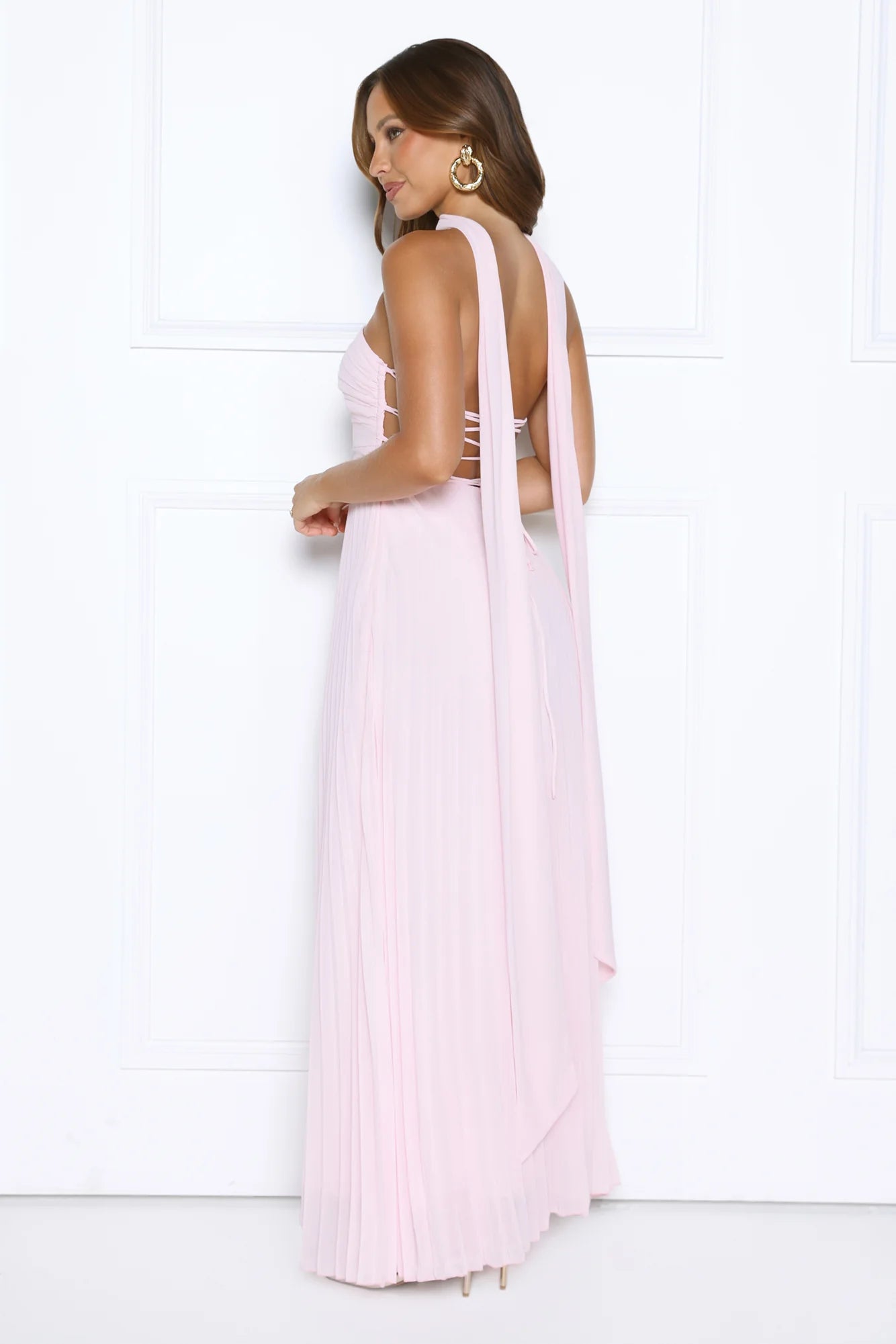 Blush Pink Pleated Halter Neck Maxi Evening Dresses with Lace-Up Back & Draped Scarf