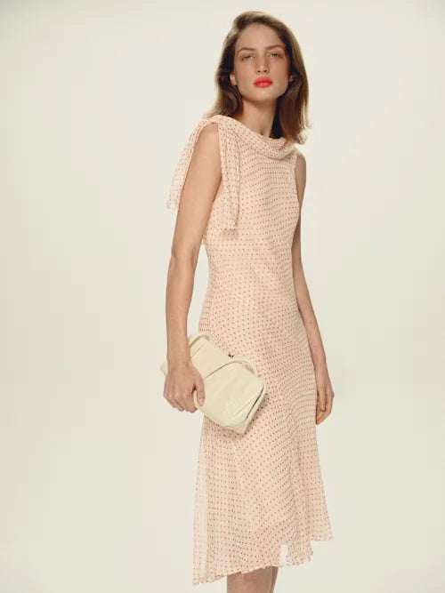 Blush Pink Red Polka Dot Cowl Back Tie Detail Midi Prom Dress