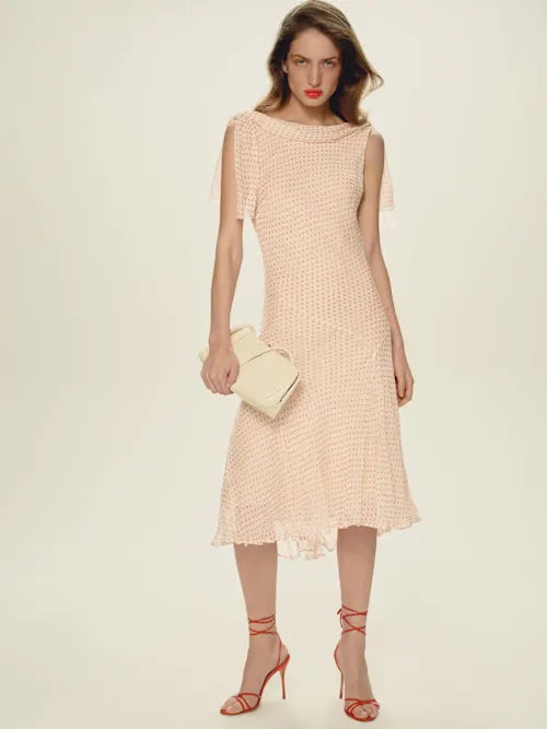 Blush Pink Red Polka Dot Cowl Back Tie Detail Midi Prom Dress