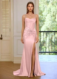 Blush Pink Rhinestone Strap Cowl Neck Lace-Up Mermaid Evening Dresses