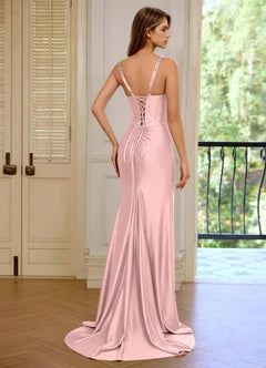 Blush Pink Rhinestone Strap Cowl Neck Lace-Up Mermaid Evening Dresses