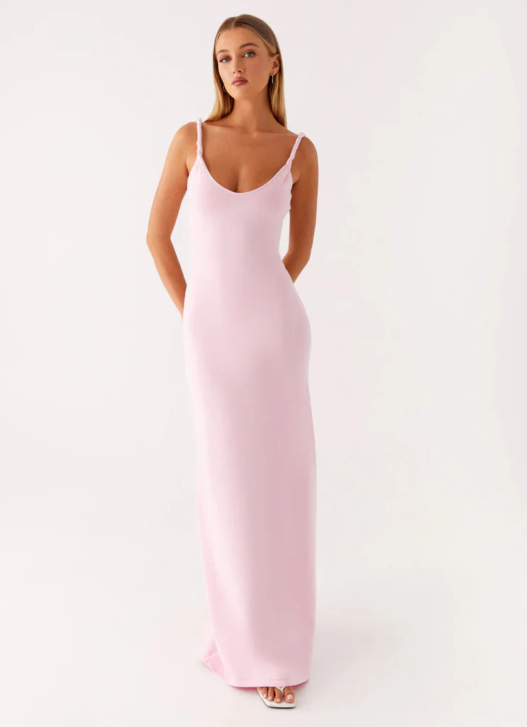Blush Pink Ribbed Twisted Strap Backless Maxi Dress For Elegant Casual Party Events