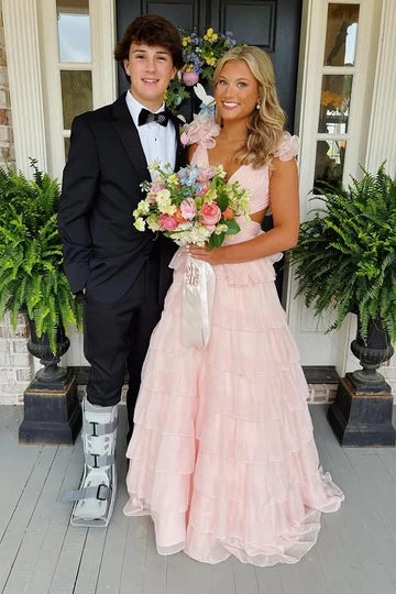 Blush Pink Ruffle Sleeve Tiered Tulle Prom Dress with Cutout Back