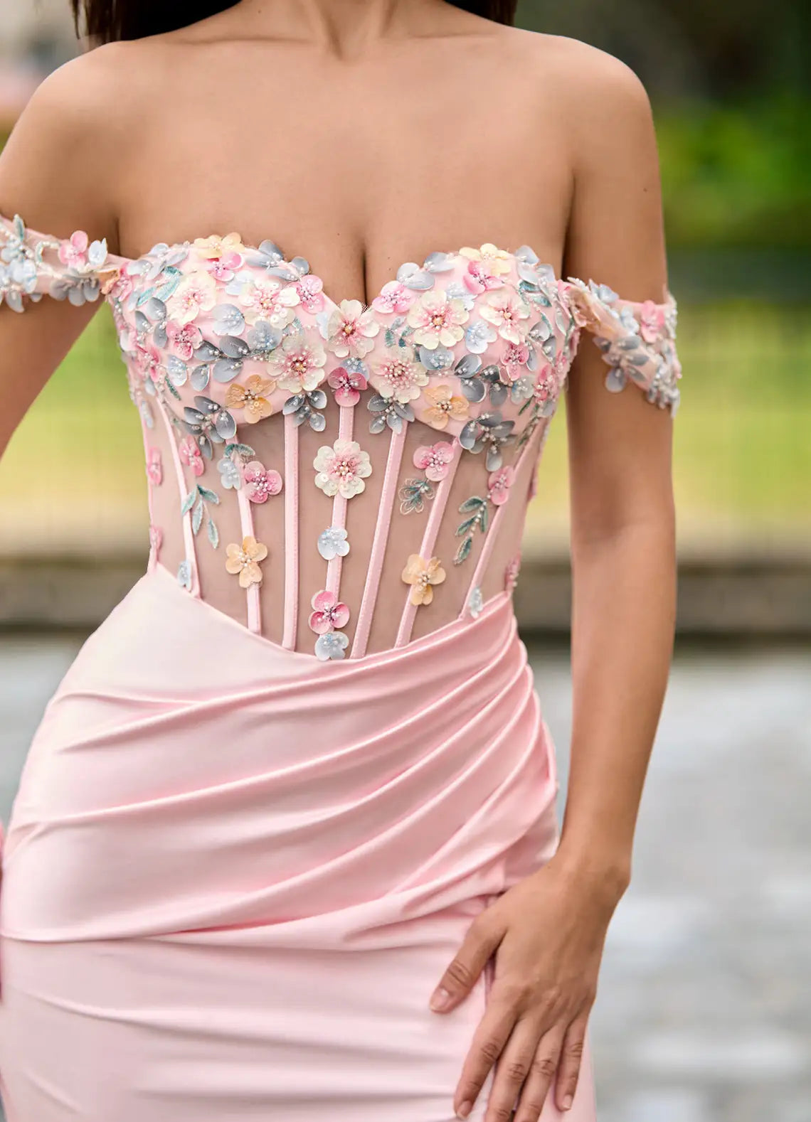 Blush Pink Satin 3D Floral Off-the-Shoulder High Slit Mermaid Evening Dresses