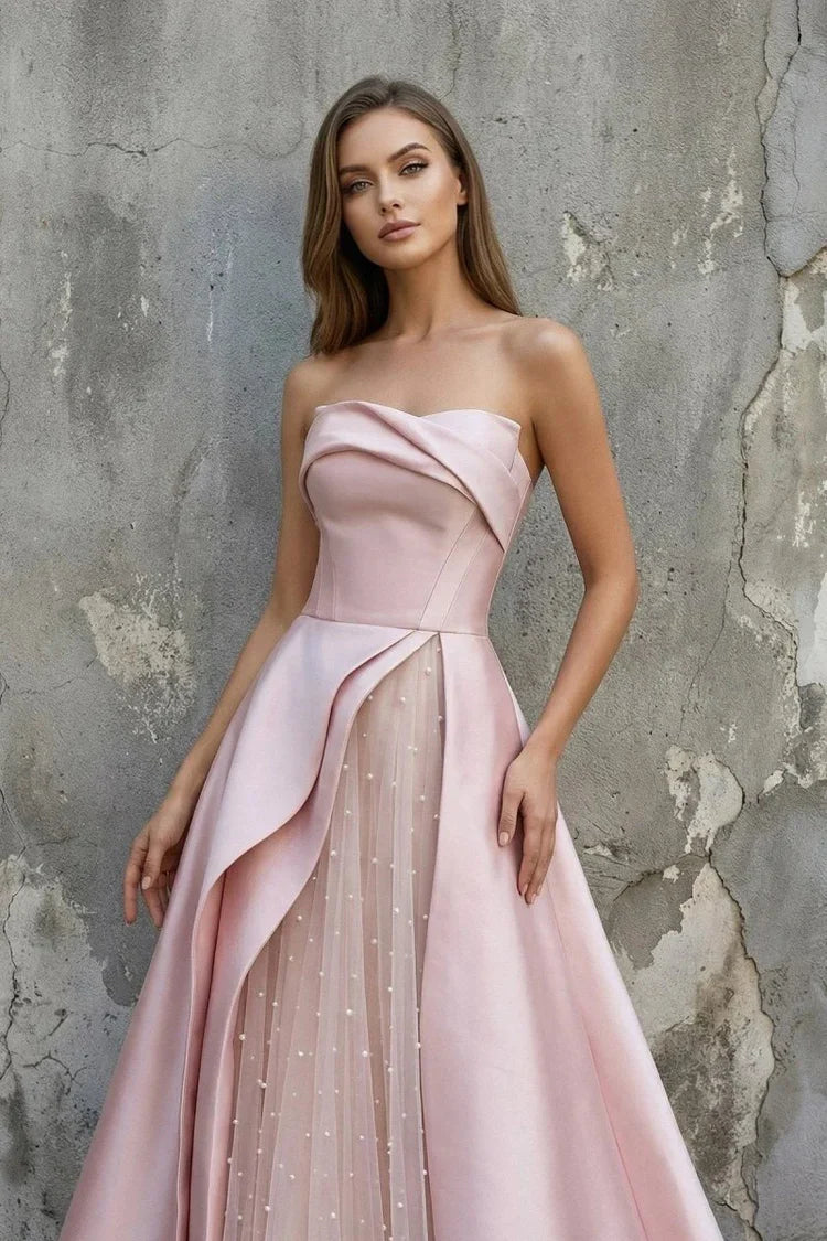 Blush Pink Satin Ball Gown with Tulle and Lace-Up Back Prom Dress