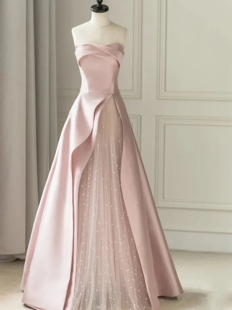 Blush Pink Satin Ball Gown with Tulle and Lace-Up Back Prom Dress