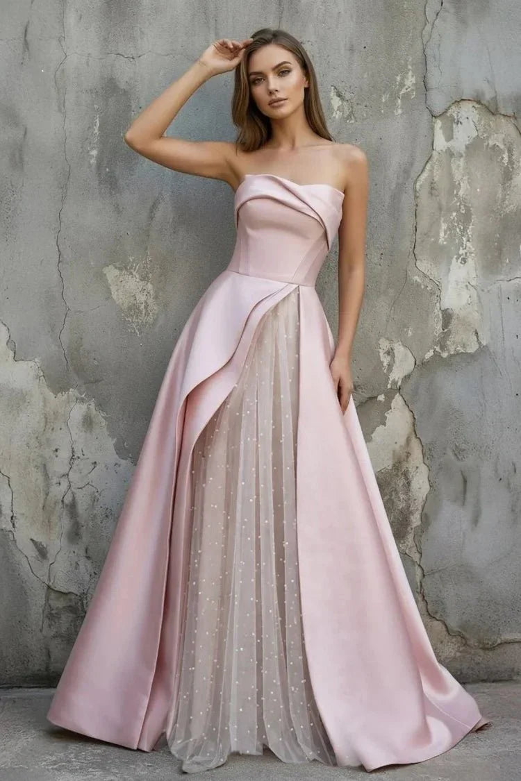 Blush Pink Satin Ball Gown with Tulle and Lace-Up Back Prom Dress