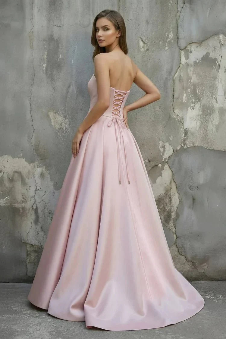 Blush Pink Satin Ball Gown with Tulle and Lace-Up Back Prom Dress