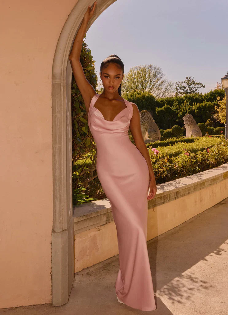 Blush Pink Satin Cowl Neck Open Back Twisted Strap Maxi Prom Dress for Events